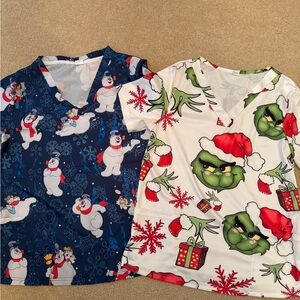 Frosty the snowman & Grinch holiday scrub tops